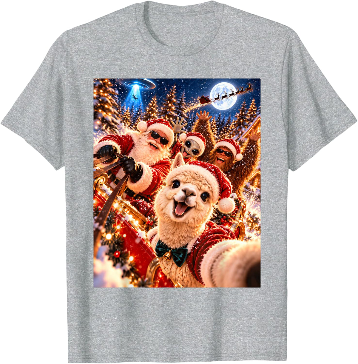Playful Alpaca Santa Christmas Selfie UFO Graphic T-Shirt - Heather Grey