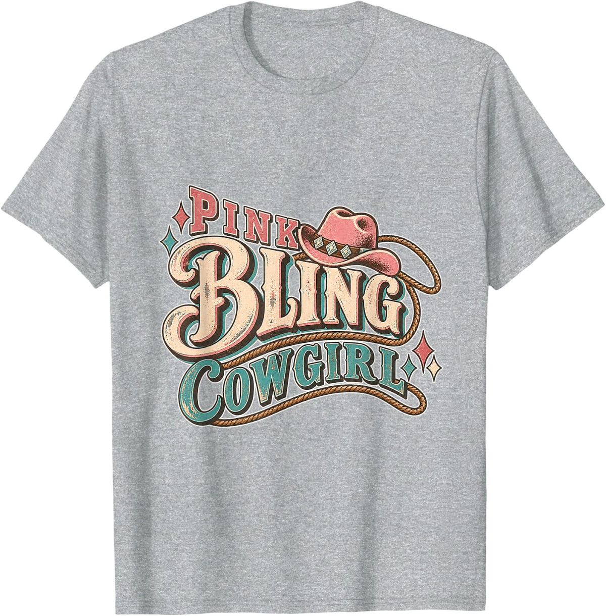 Pink Bling Cowgirl Pink Western Glamour Rodeo Style T-Shirt - Heather Grey