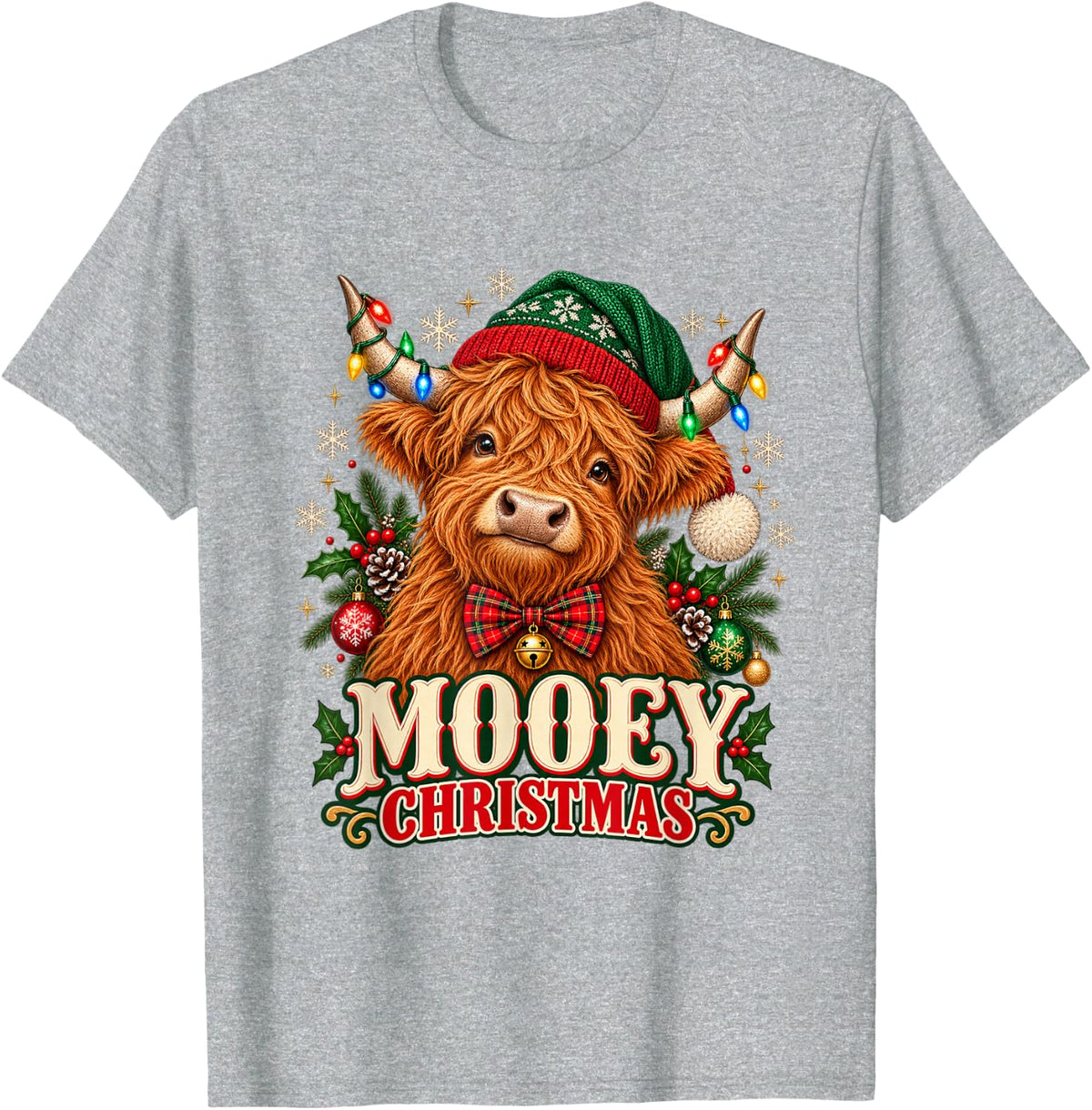 Western Mooey Christmas Santa Highland Cow Farm Animals Xmas T-Shirt - Heather Grey