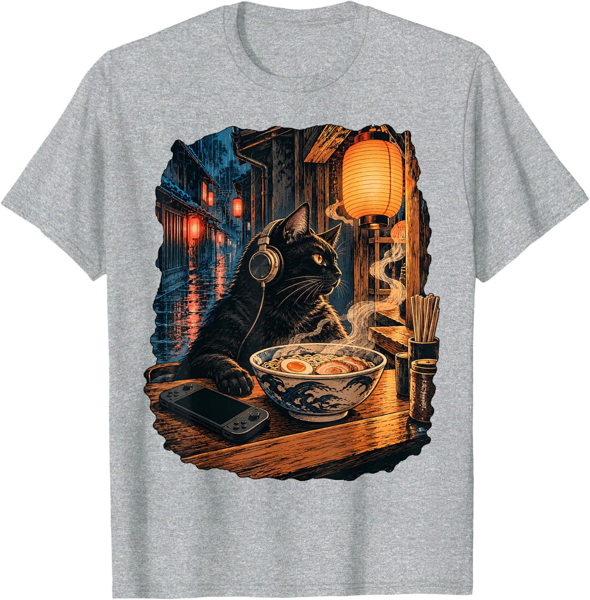 Japanese Ramen Cat Headphones Gaming Rainy Night Men Women T-Shirt - Heather Grey