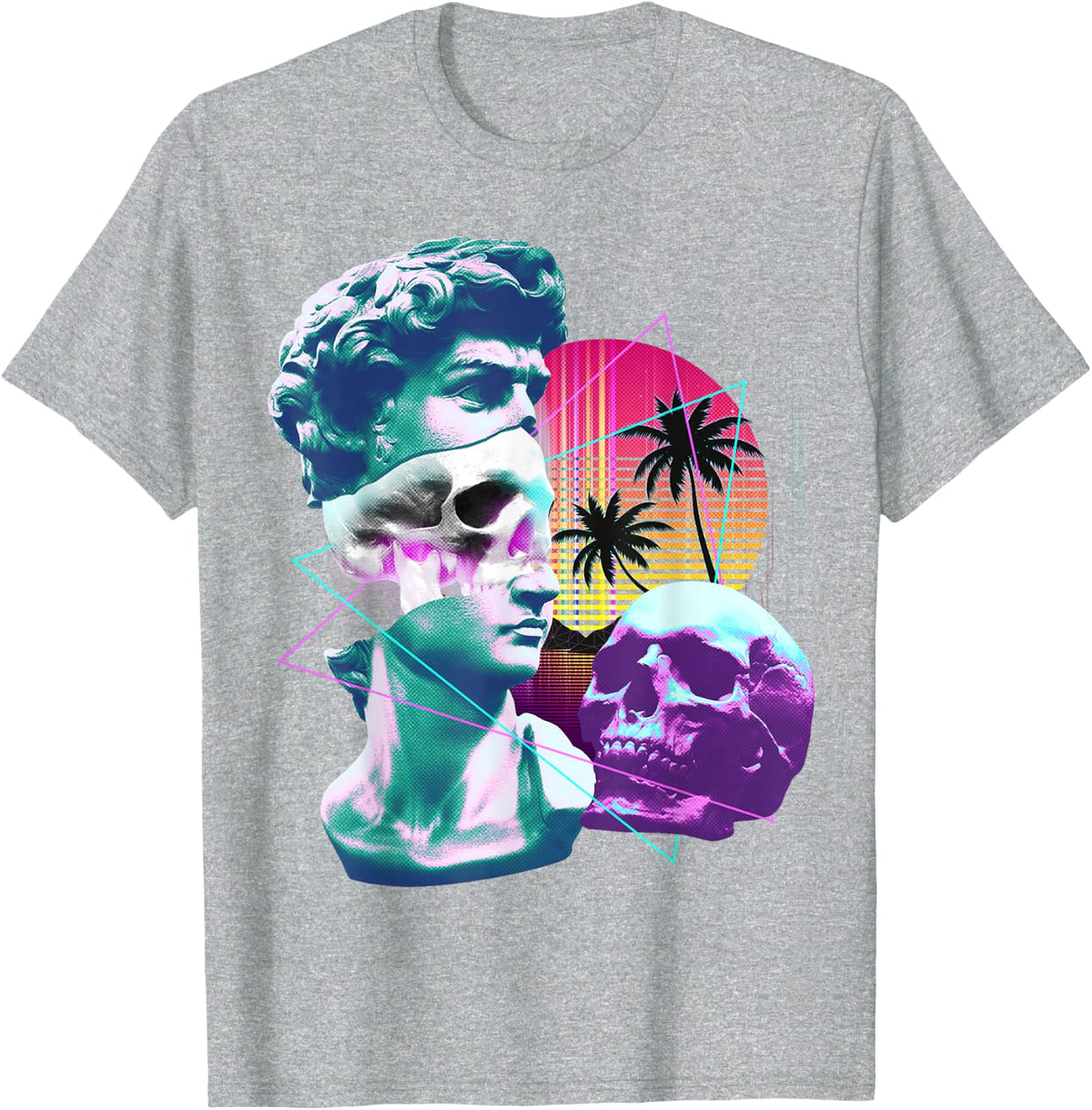 Vaporwave David Bust Statue with Skulls & Palm Tree Art T-Shirt - Heather Grey